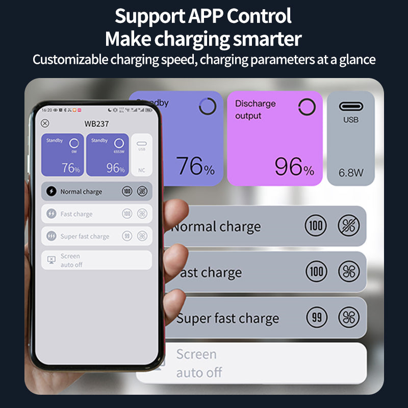 App-controlled smart charger with customizable settings, multiple charge modes, and displays efficiency stats and USB output.