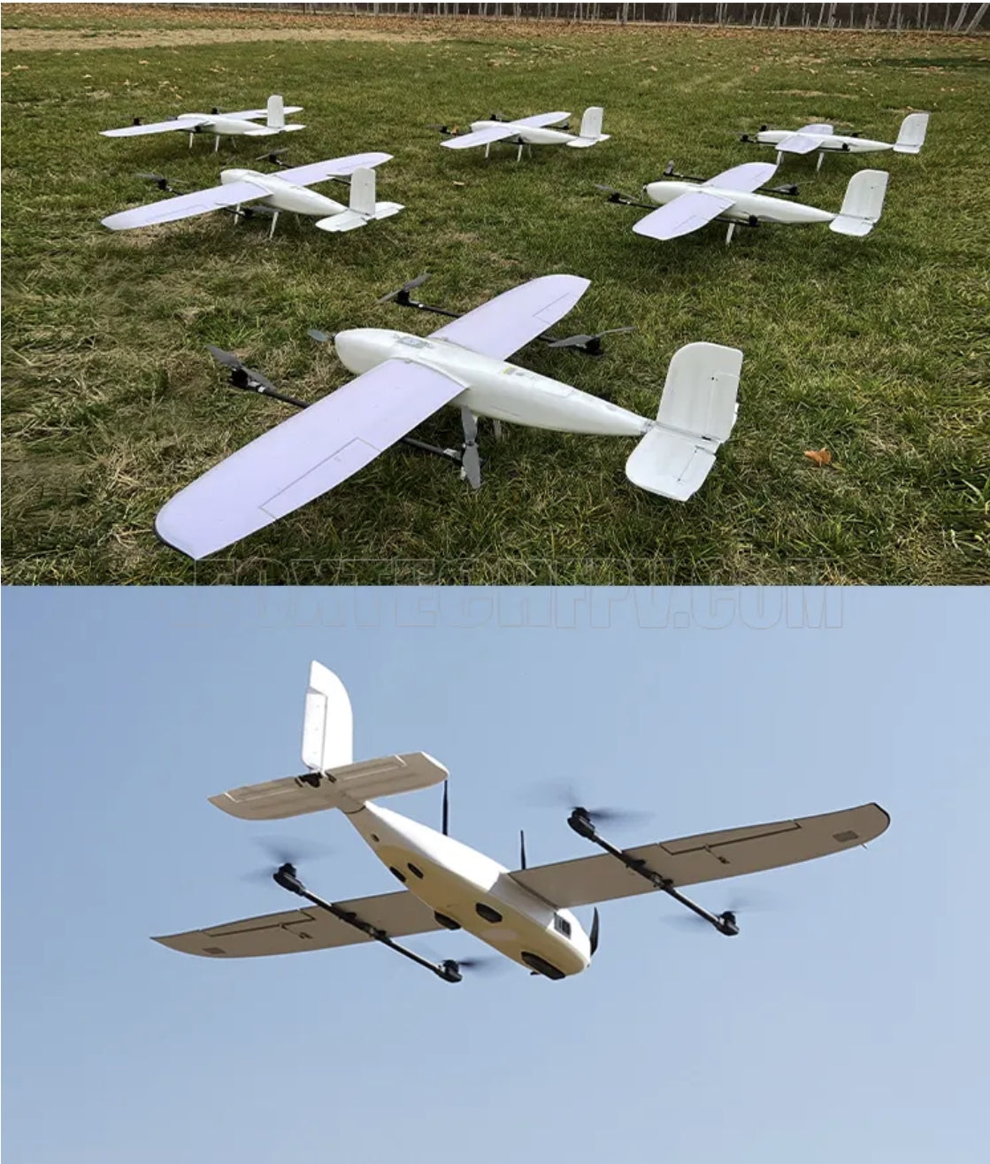 Foxtech Loong 2160 VTOL Airplane, VTOL Drone with sleek design, 2160mm wingspan, and 1200mm fuselage.