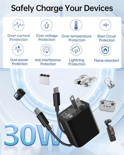 LKTOP 30W USB-C Fast Charger, 30W USB-C charger with eight safety features ensures secure fast charging for DJI devices and action cameras.