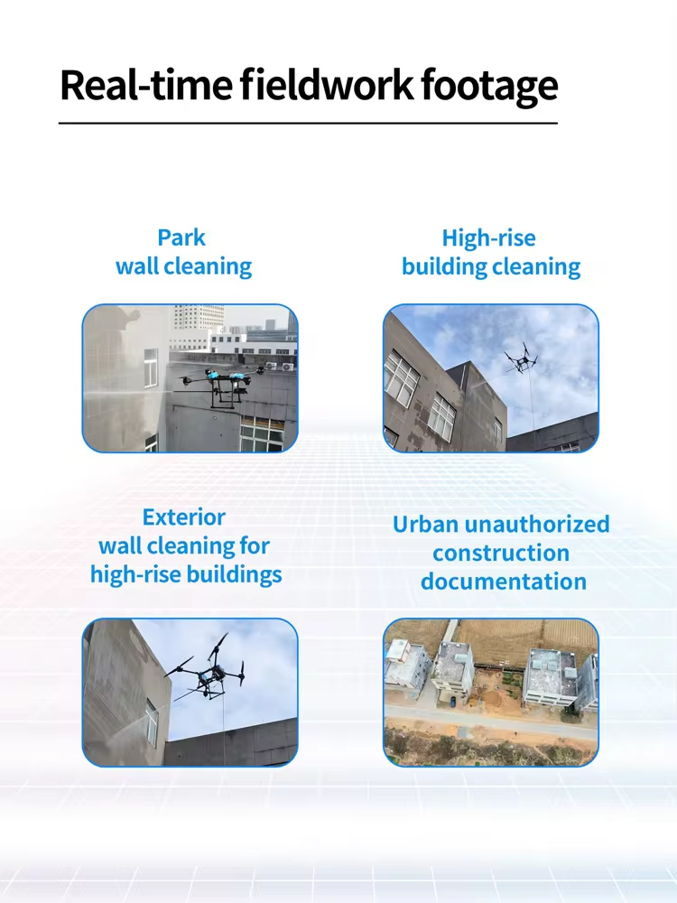 AGR B100 Cleaning Drone, AGR B100 Drone captures real-time footage of urban high-rise wall cleaning.