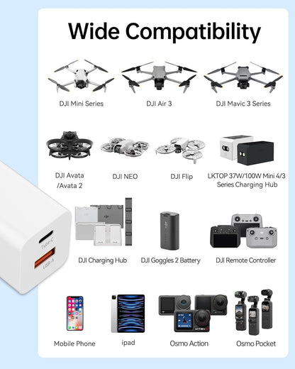 LKTOP 65W Portable Battery Charger, LKTOP 65W charger supports DJI drones, accessories, and devices via USB-C/A ports.