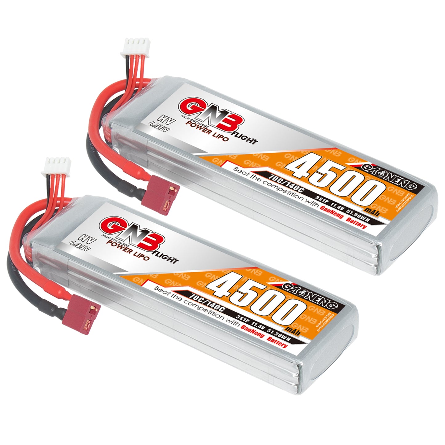 Two GNB 4500mAh LiHV 3S packs shown side by side with Deans-style T-plug connectors