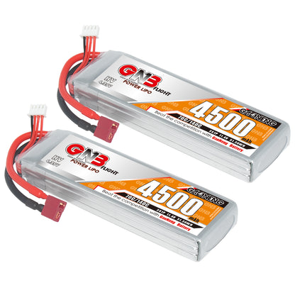 Two GNB 4500mAh LiHV 3S packs shown side by side with Deans-style T-plug connectors