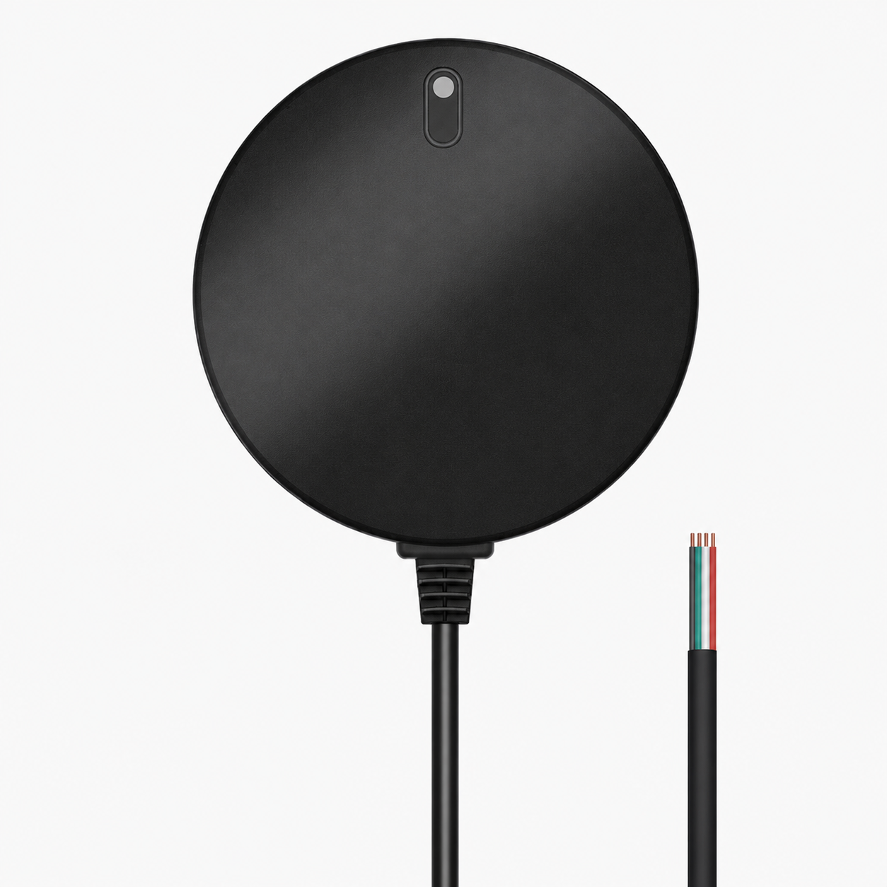 Round black GNSS receiver puck, top view with LED window and cut cable showing internal wire colors
