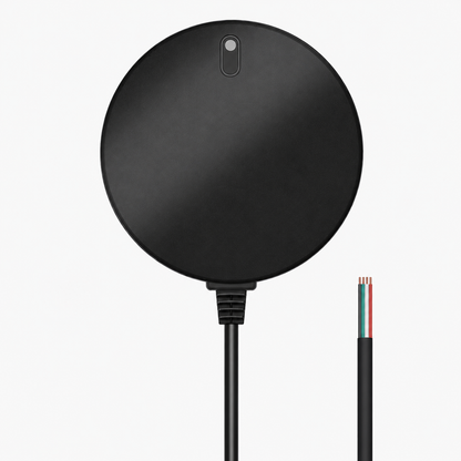 Round black GNSS receiver puck, top view with LED window and cut cable showing internal wire colors