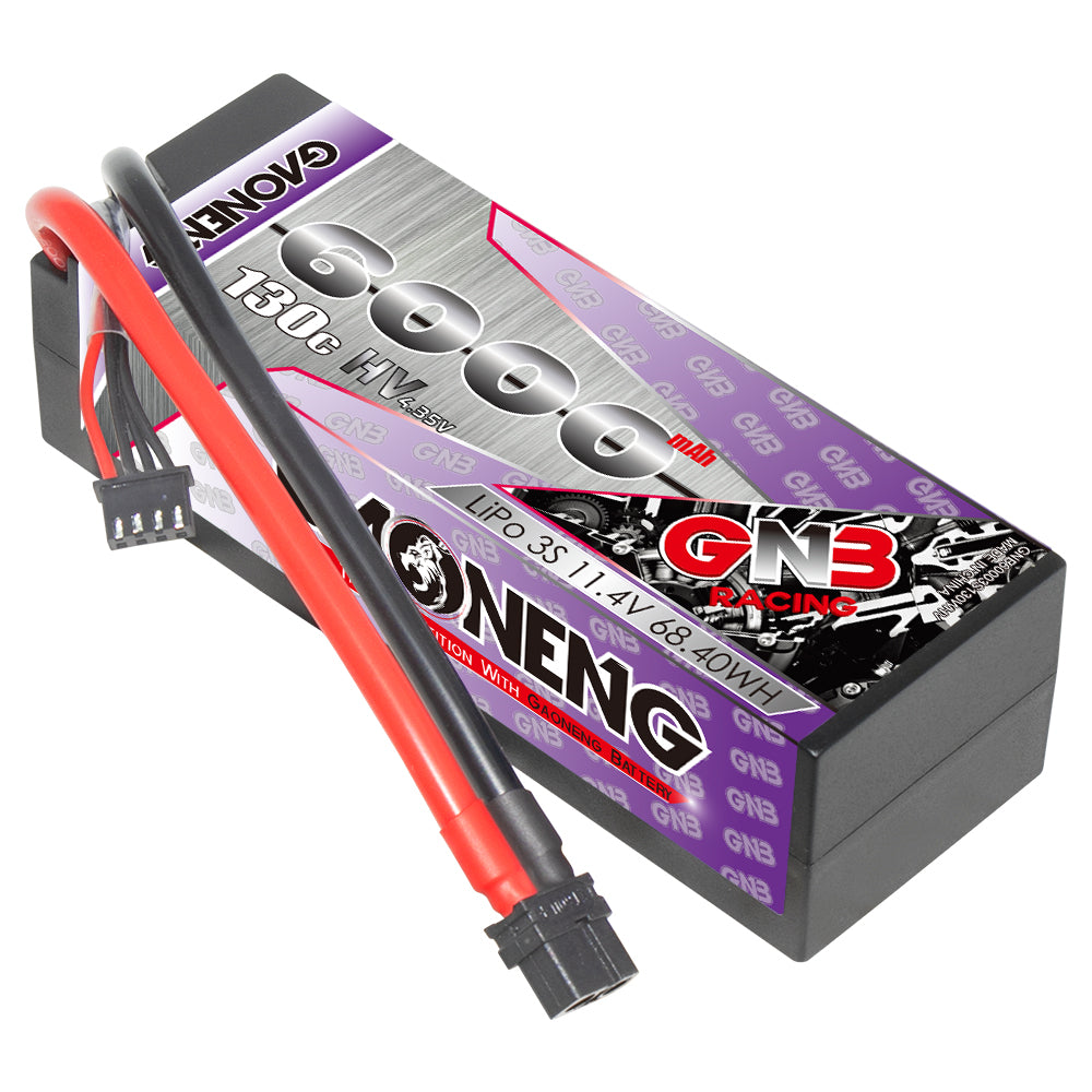 GAONENG GNB 3S 11.4V LiHV 6000mAh 130C hard case LiPo battery with XT60 lead, angled view