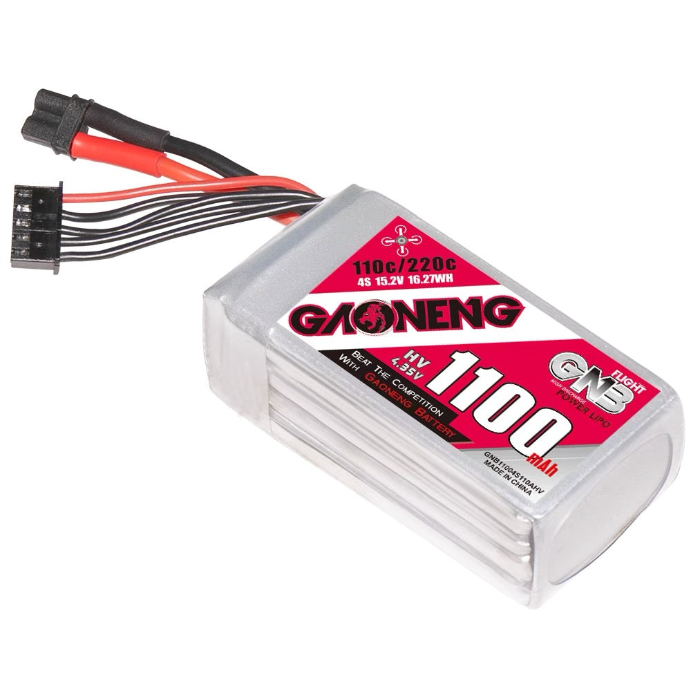 Angled view of 4S 1100mAh GAONENG LiHV LiPo battery showing XT30 connector and balance plug