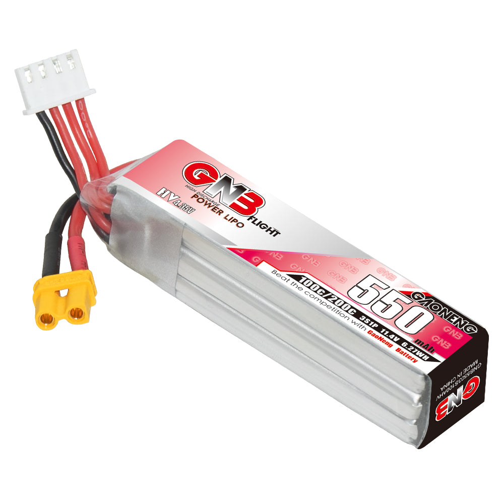 Single GNB 3S 550mAh 100C LiHV LiPo battery, long type pack with XT30 lead and balance plug