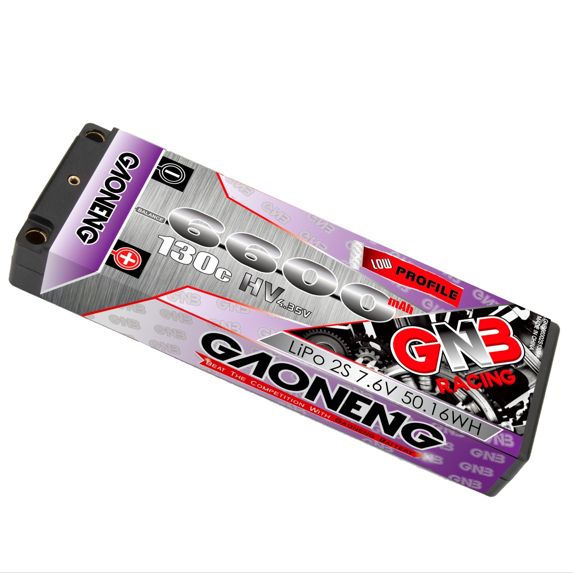 Angled view of GAONENG GNB hard case LCG LiHV pack, 6600mAh 130C label visible