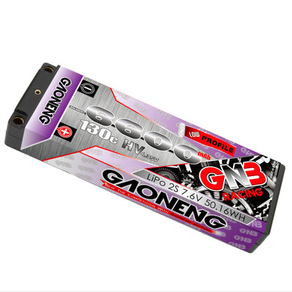 Angled view of GAONENG GNB hard case LCG LiHV pack, 6600mAh 130C label visible