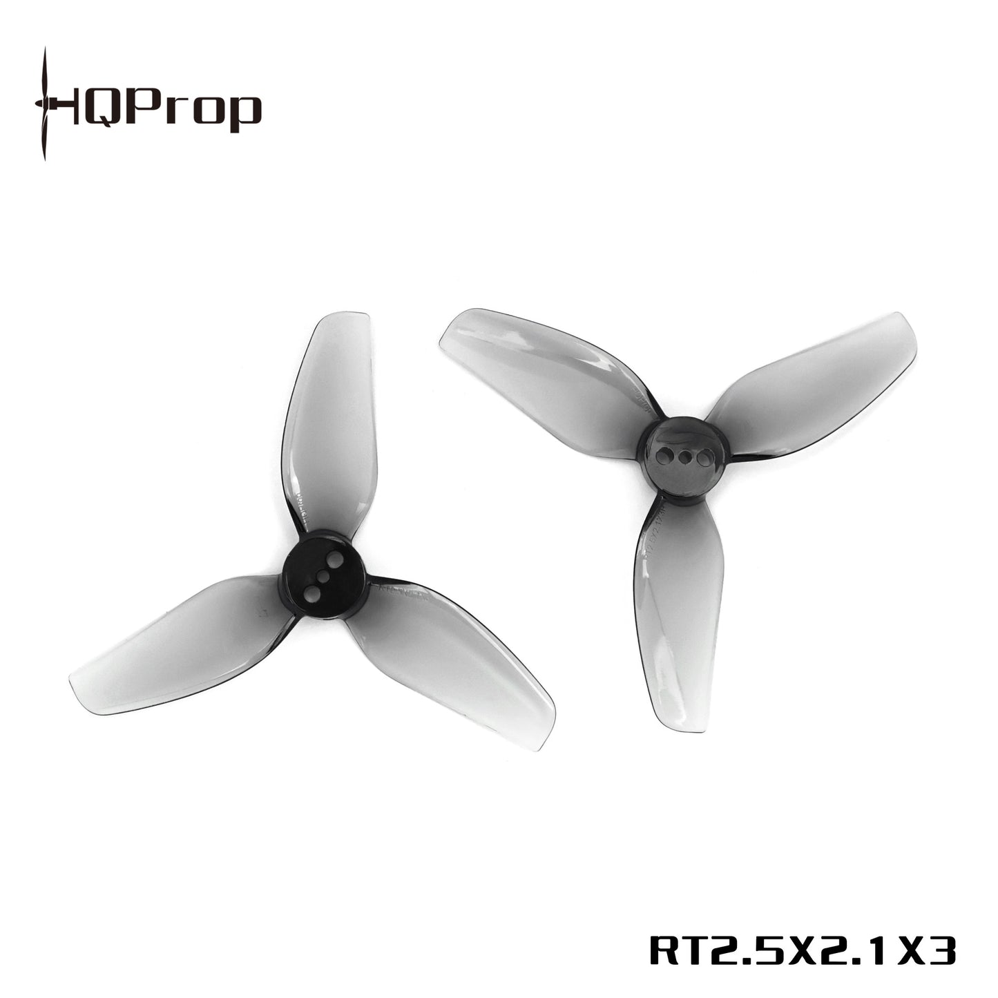 HQProp propellers with "RT2.5x2.1x3" model text and brand logo, grey tri-blade pair