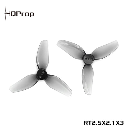 HQProp propellers with "RT2.5x2.1x3" model text and brand logo, grey tri-blade pair