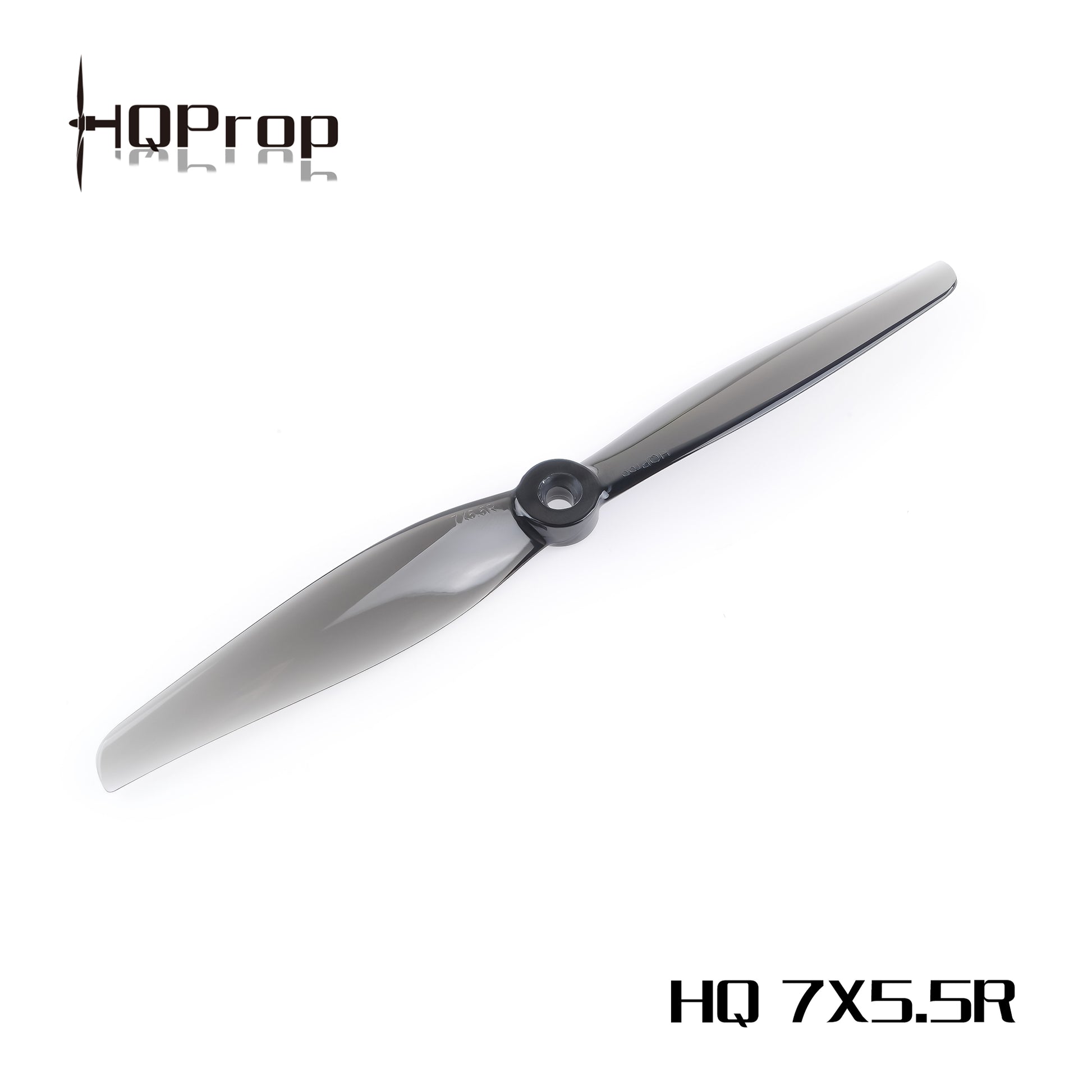 HQProp 7x5.5R light grey two-blade polycarbonate propeller, angled view with hub detail