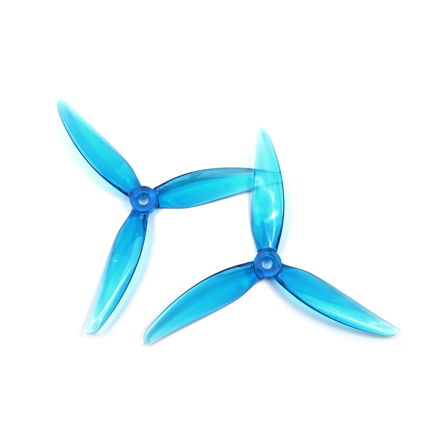 Two translucent blue 3-blade drone propellers, top-down view showing hub and blade shape