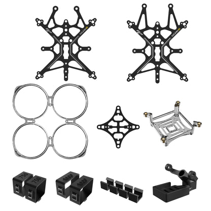 Flywoo FlyLens 75/85 CNC cooling kit parts with carbon fiber plates, aluminum mount, prop guards, and TPU mounts