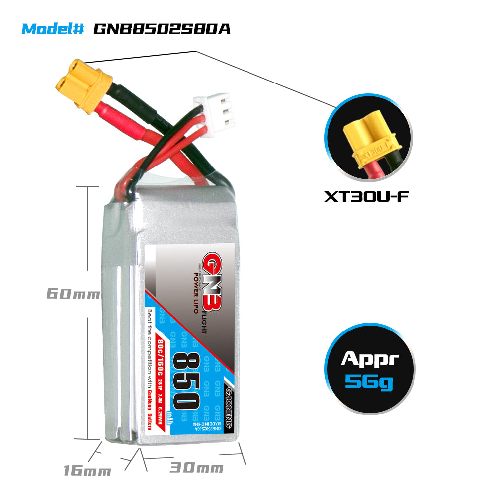 GAONENG GNB 2S 7.4V 850mAh 80C XT30 LiPo Battery