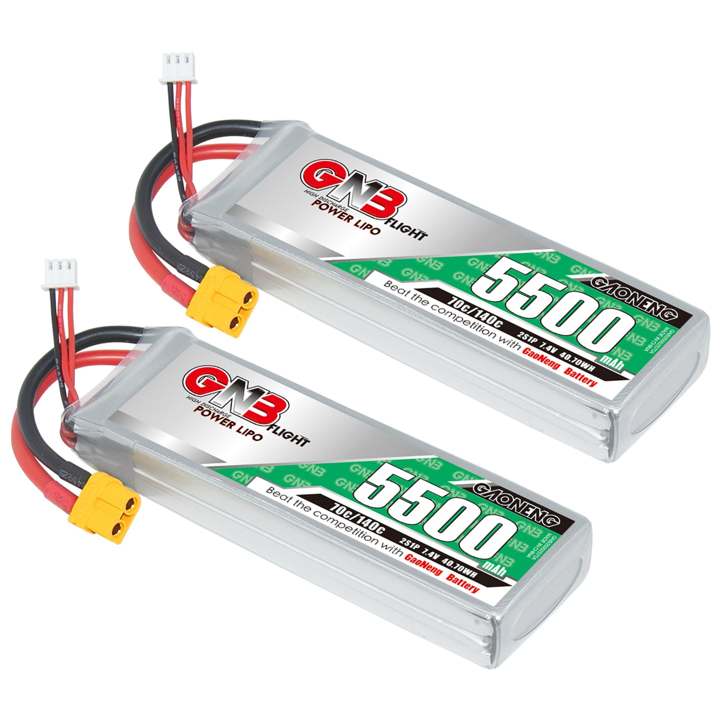 Two GNB 5500mAh LiPo packs shown with XT60 connectors and balance leads