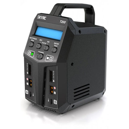 SKYRC T200 Dual AC/DC Battery Balance Charger, SKYRC T200 dual-channel battery balance charger with LCD screen, handle, and A/B balance ports on front panel