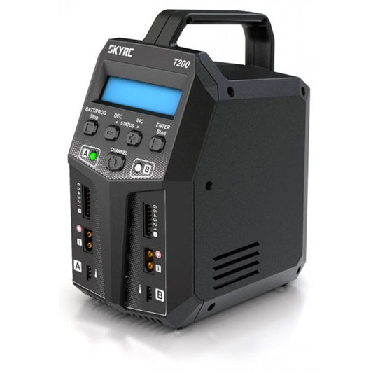 SKYRC T200 Dual AC/DC Battery Balance Charger, SKYRC T200 dual-channel battery balance charger with LCD screen, handle, and A/B balance ports on front panel