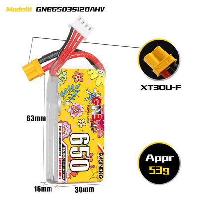 Battery dimension diagram for GNB6503S120AHV showing 63×30×16mm size, XT30U-F, approx 53g