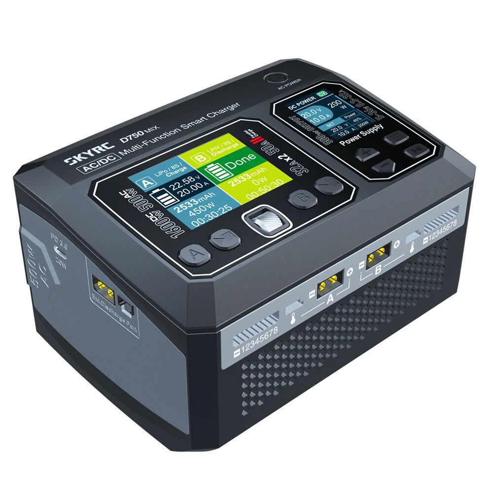 SkyRC D750 MIX AC/DC smart charger with dual color screens, control buttons, and front output ports A and B
