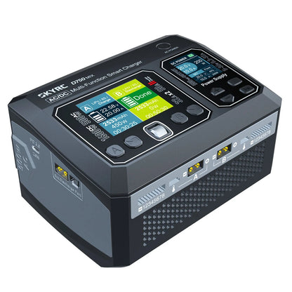 SkyRC D750 MIX AC/DC smart charger with dual color screens, control buttons, and front output ports A and B