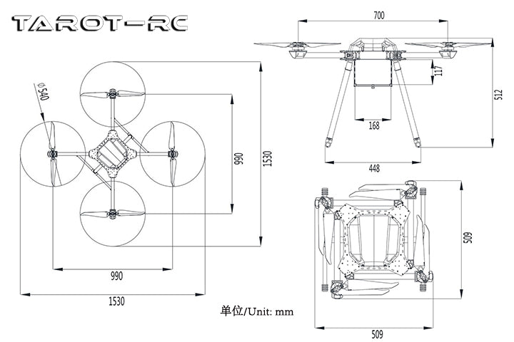 Tarot TL4 Quadcopter with large propellers and a high-capacity battery.