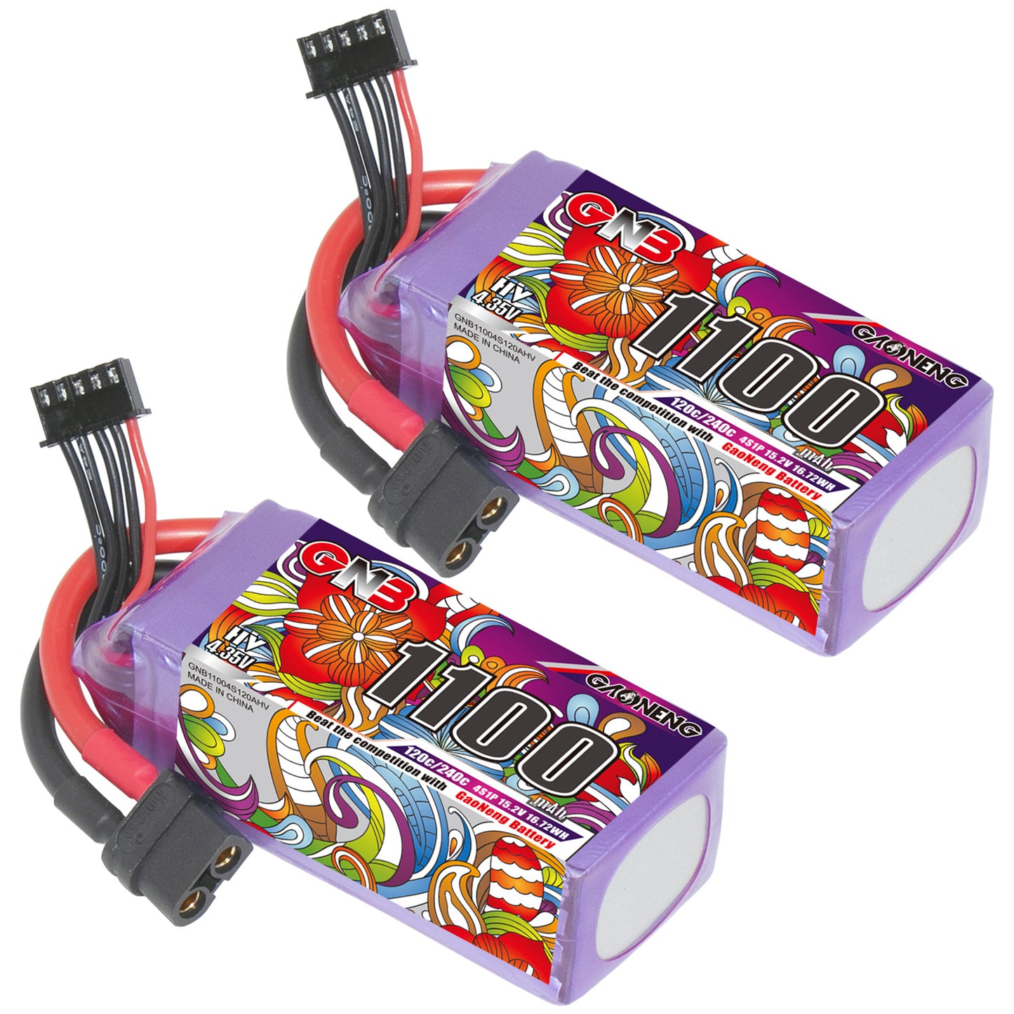GAONENG GNB1100 4S 15.2V 1100mAh LiHV LiPo batteries with XT60 connector, twin pack view