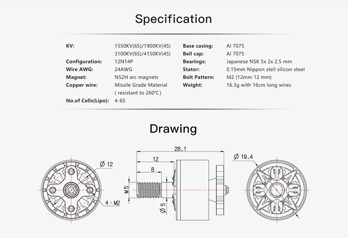 BrotherHobby VY 1507 Motor, Specification KV: 1550kV(6s)/1900KV(4