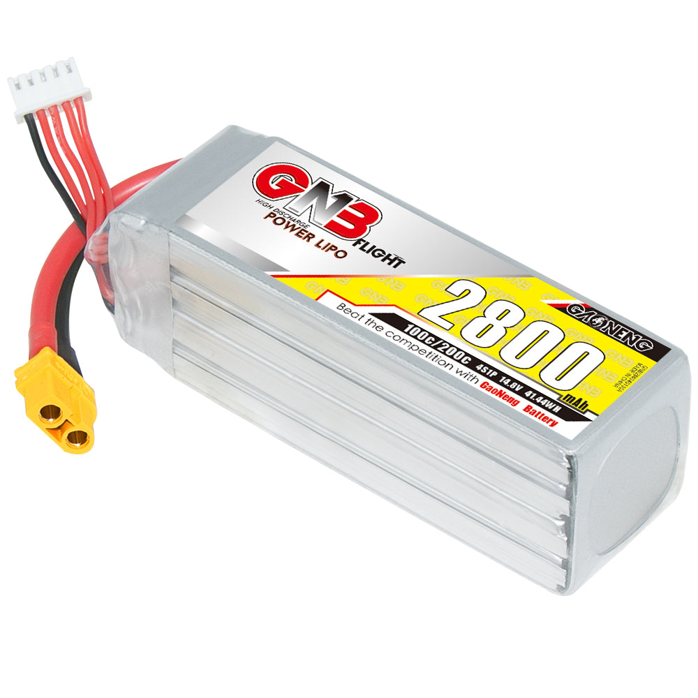 Angled view of the 2800mAh 4S LiPo battery showing ribbed case and XT60 discharge plug