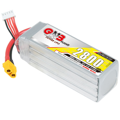 Angled view of the 2800mAh 4S LiPo battery showing ribbed case and XT60 discharge plug