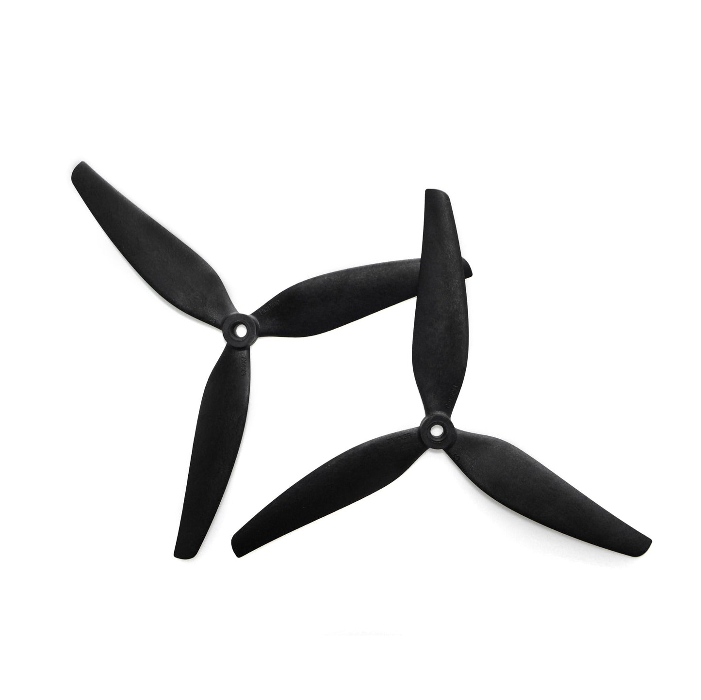 Black tri-blade drone propellers, pair shown with center hubs