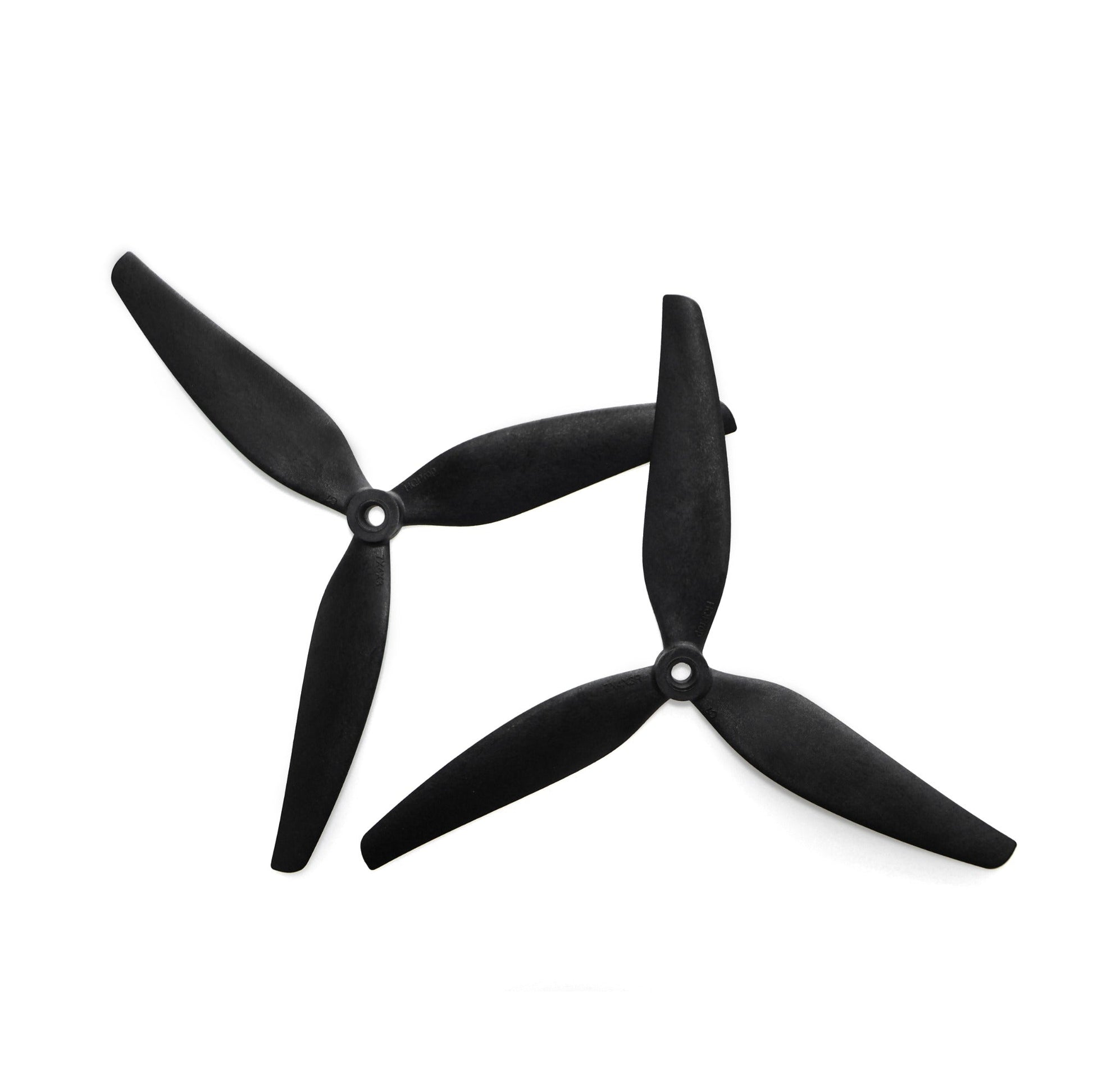 Black tri-blade drone propellers, pair shown with center hubs