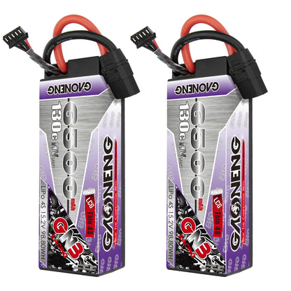 Two GAONENG GNB 6500mAh 130C LiHV hard case packs shown upright with leads and balance plug