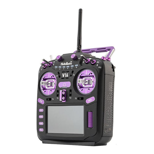 HelloRadioSky V16R radio transmitter, purple trim, angled front view with gimbals and display