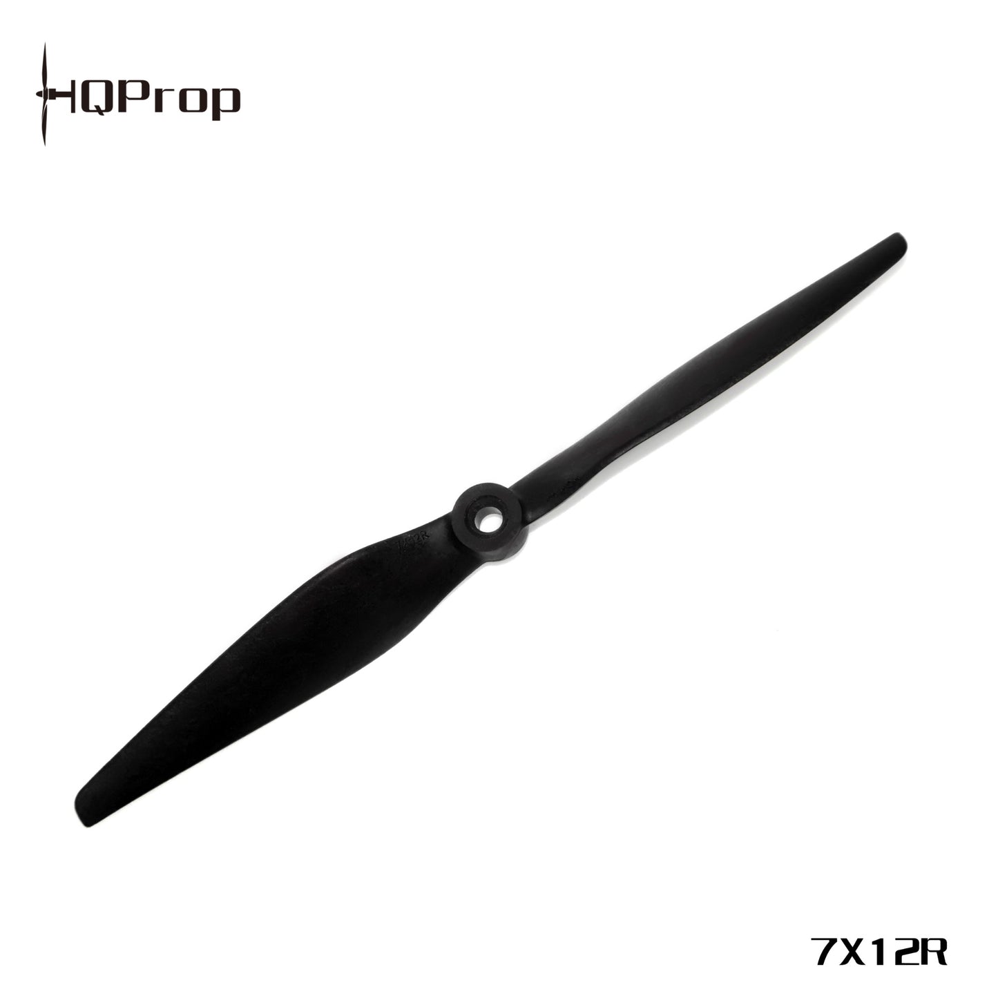 HQProp 7x12R pusher prop, 2-blade black propeller with HQProp logo and size marking