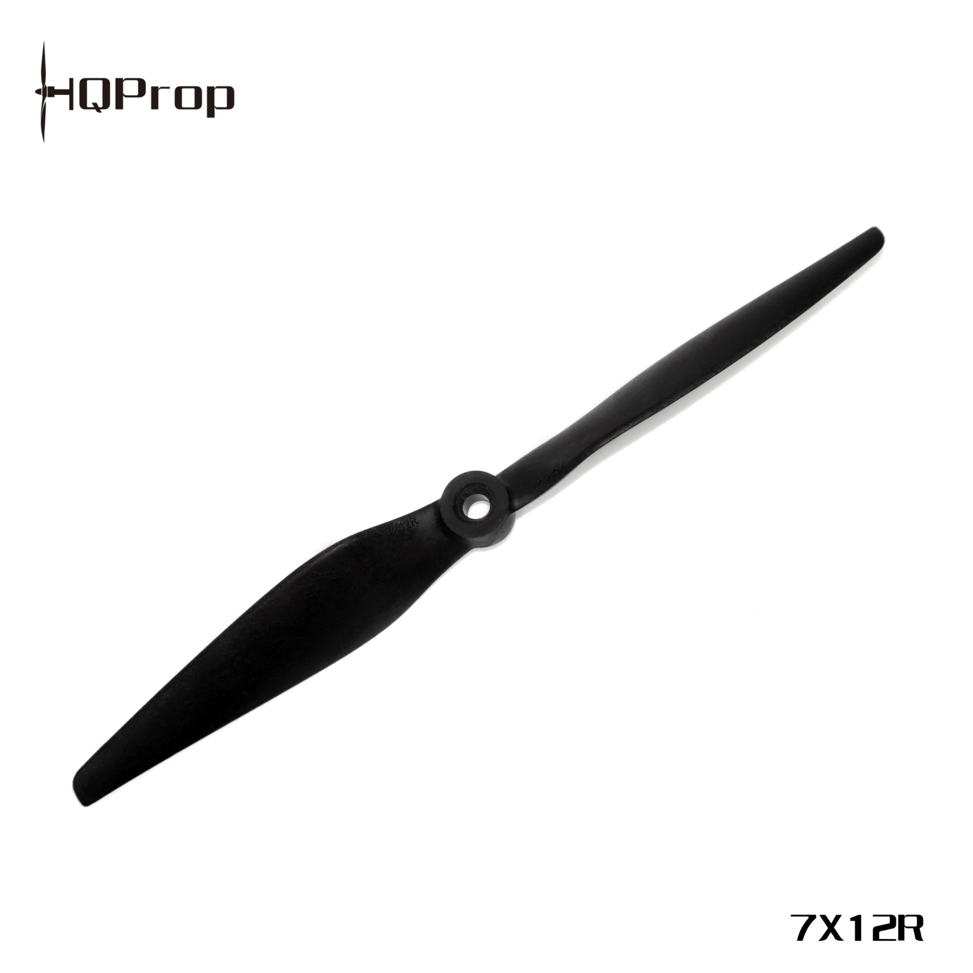HQProp 7x12R pusher prop, 2-blade black propeller with HQProp logo and size marking