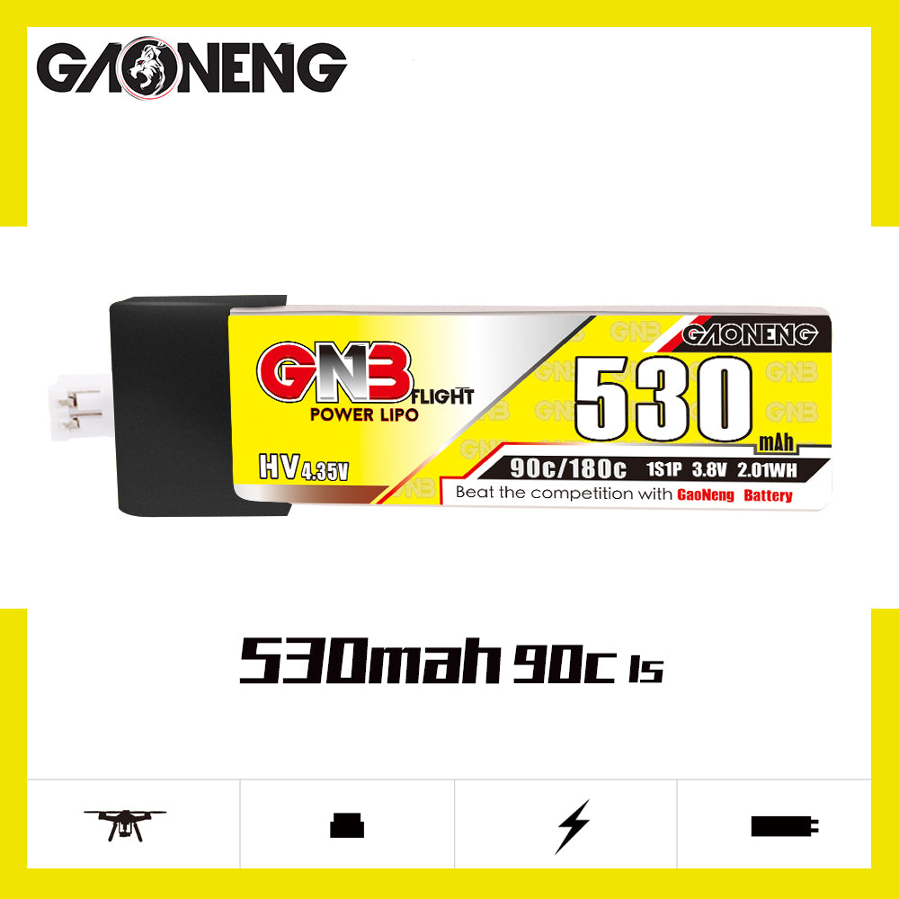 Side profile showing GAONENG GNB 530mAh 1S LiHV battery label with 90C/180C and HV 4.35V text