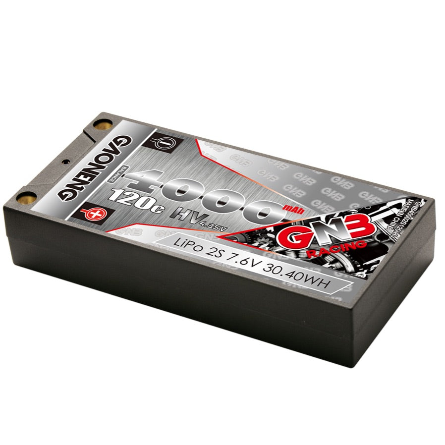 Shorty hard case LiPo battery angled view showing 4000mAh 120C label and 2S 7.6V rating