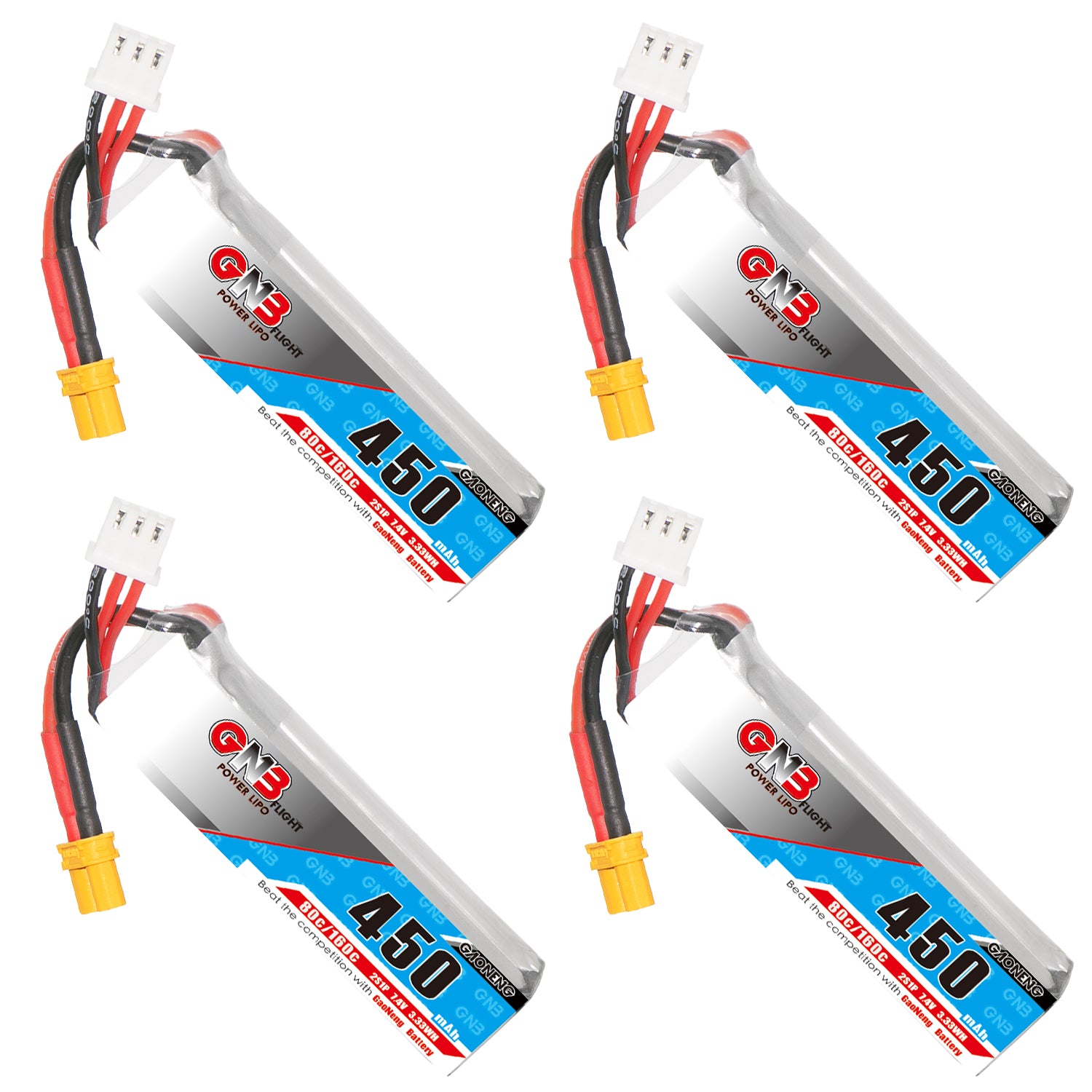 GAONENG GNB 450mAh 2S 7.4V 80C LiPo battery long type with XT30 lead, four angles shown