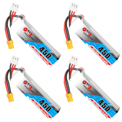 GAONENG GNB 450mAh 2S 7.4V 80C LiPo battery long type with XT30 lead, four angles shown