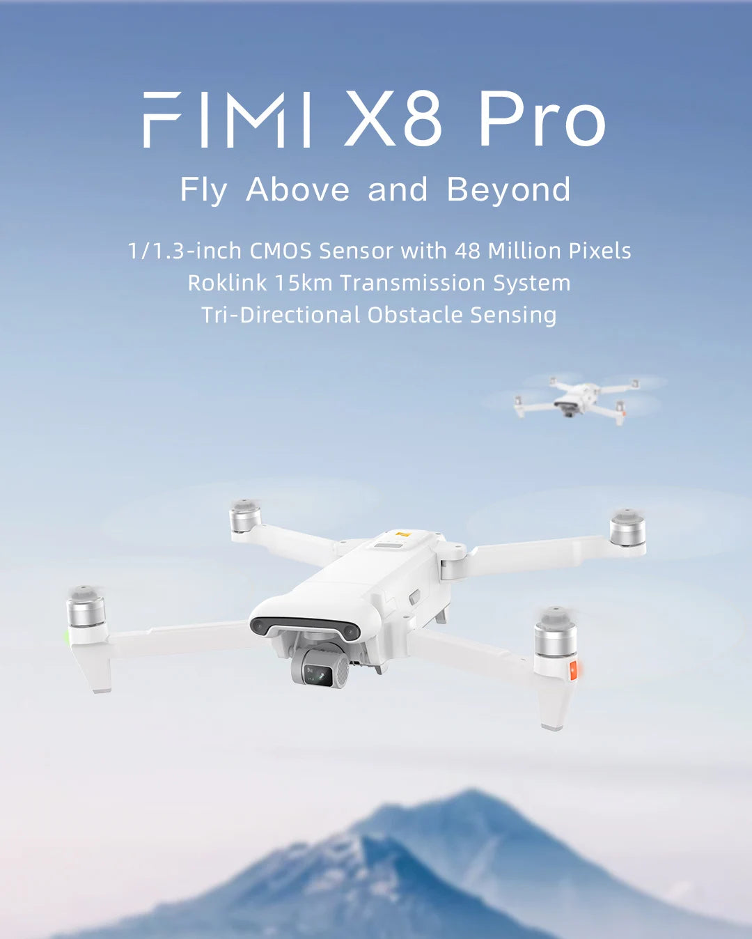 FIMI X8 Pro Camera Drone, Advanced aerial photography: high-pixel CMOS sensor and obstacle sensing for safe and stunning shots.