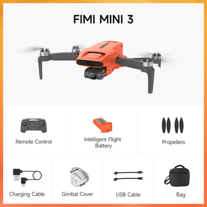 FIMI MINI 3 New Camera Drone, Drone package includes remote, propellers, charger, gimbal cover, and cables, perfect for easy and portable use.