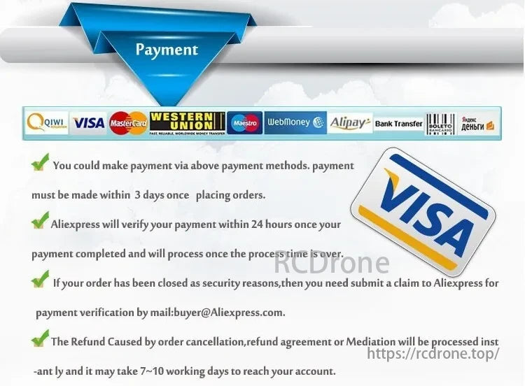A19Q V3 Brushless Motor. Payment methods include VISA. MasterCard. Western Union. etc. Payment due in 3 days. Aliexpress verifies within 24 hours. refunds in 7-10 days.