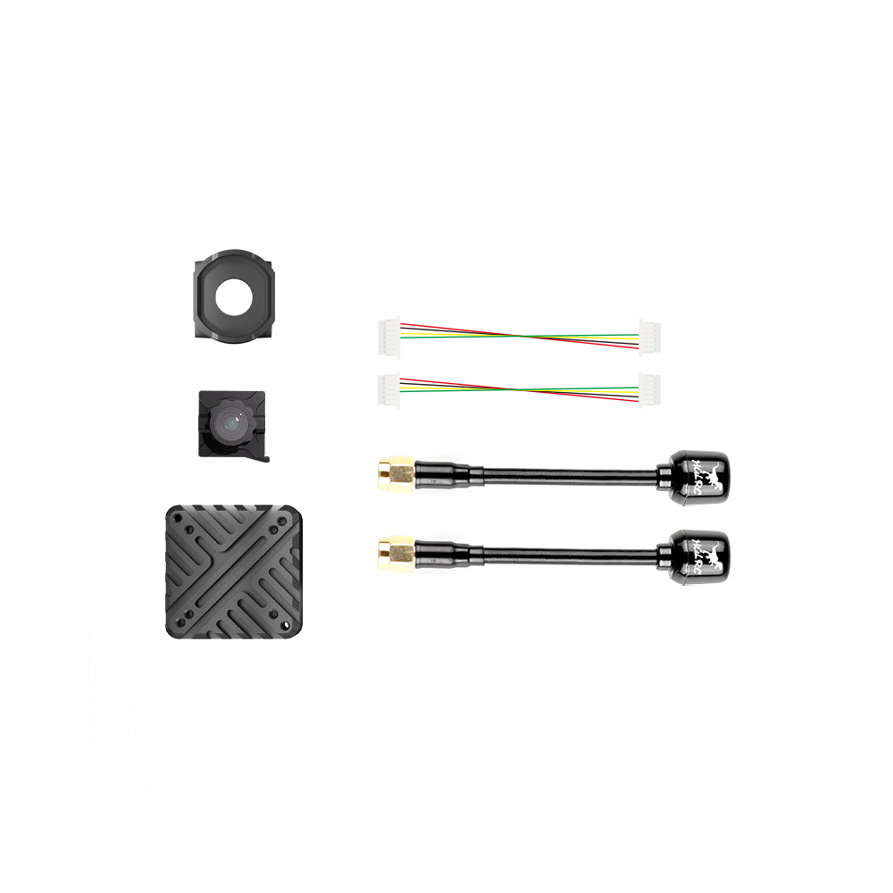 Included parts set with camera lens cover, adapter bracket, A1 air unit, wiring harness and two antennas