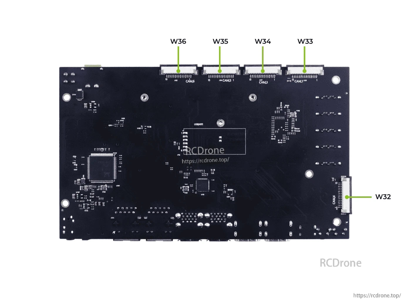 A205 carrier board features labeled connectors W32–W36 for camera interfaces and central processing components.