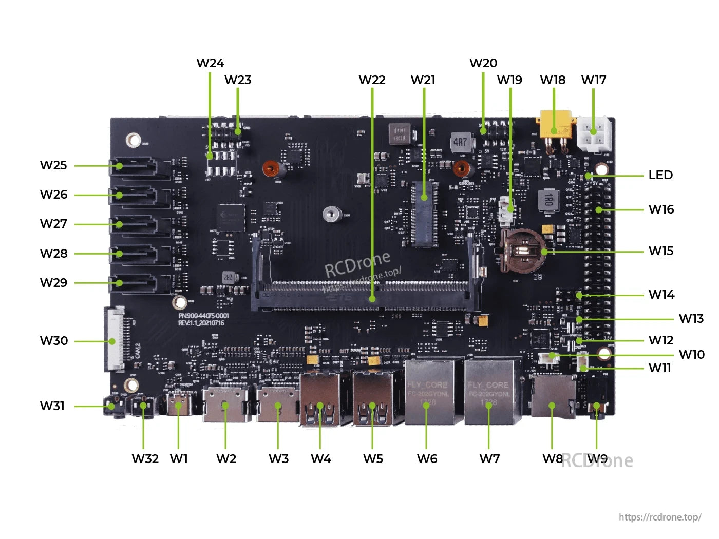 The A205 Carrier Board features USB, HDMI, and GPIO ports, labeled components W1–W32, LED, FLY_CORE, with version PN900-4405-0001 REV:1.1_20210716.