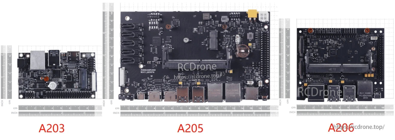 The A205 Carrier Board includes multiple ports, connectors, FLY CORE chips, and dimension labels in cm and inches.