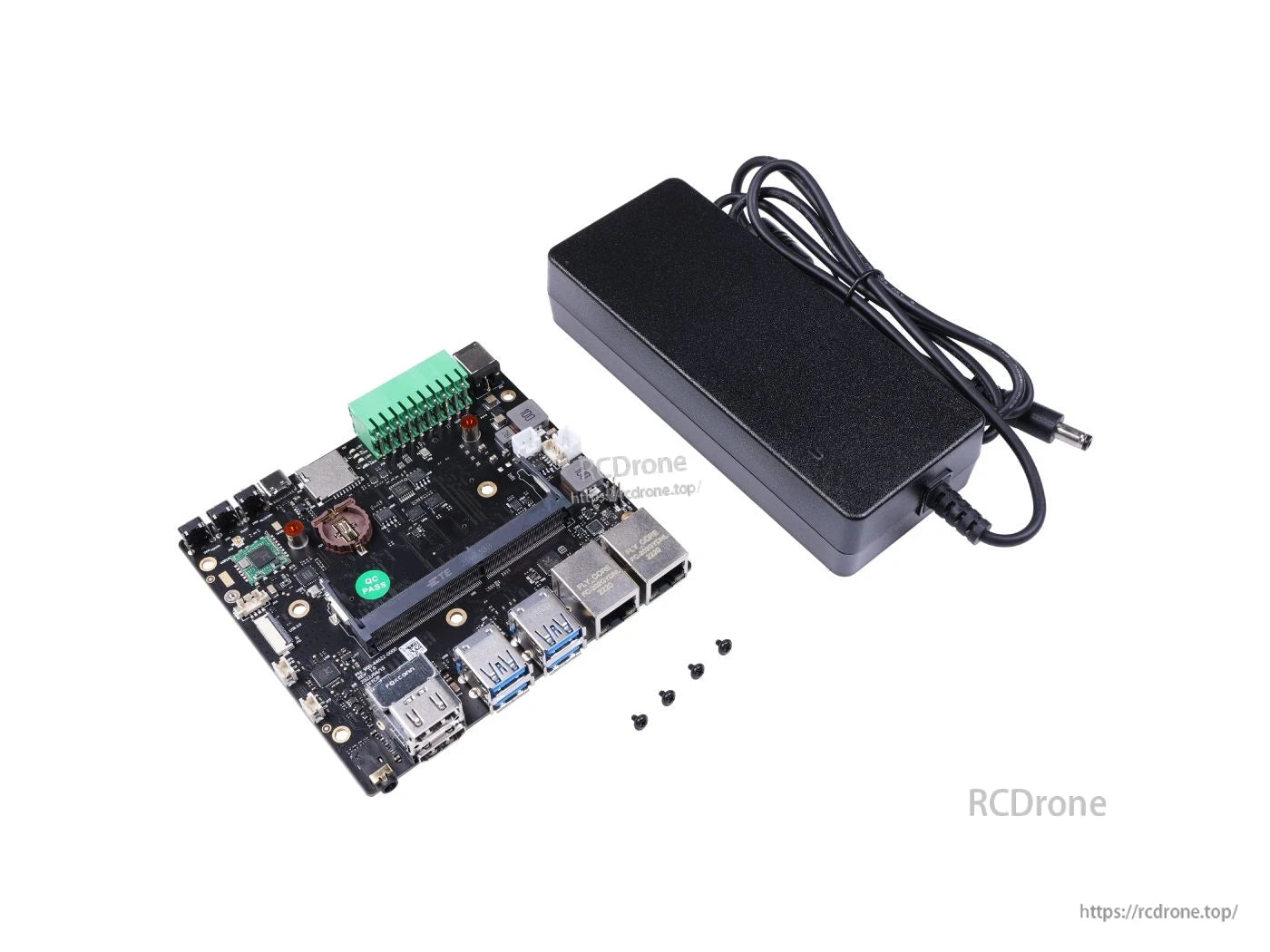 A205E carrier board features dual GbE, 4x USB 3.1, 2x HDMI 2.0, M.2 Key M, RS232/RS485/CAN, and includes power supply.