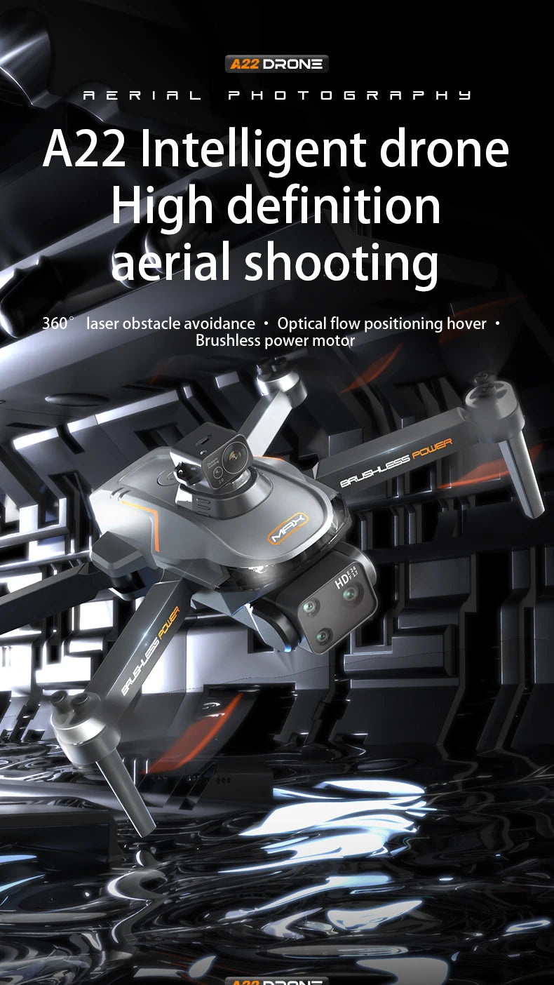 A22 Drone features high-def camera, 360-degree obstacle avoidance, and brushless motor for capturing aerial footage and navigating complex environments.